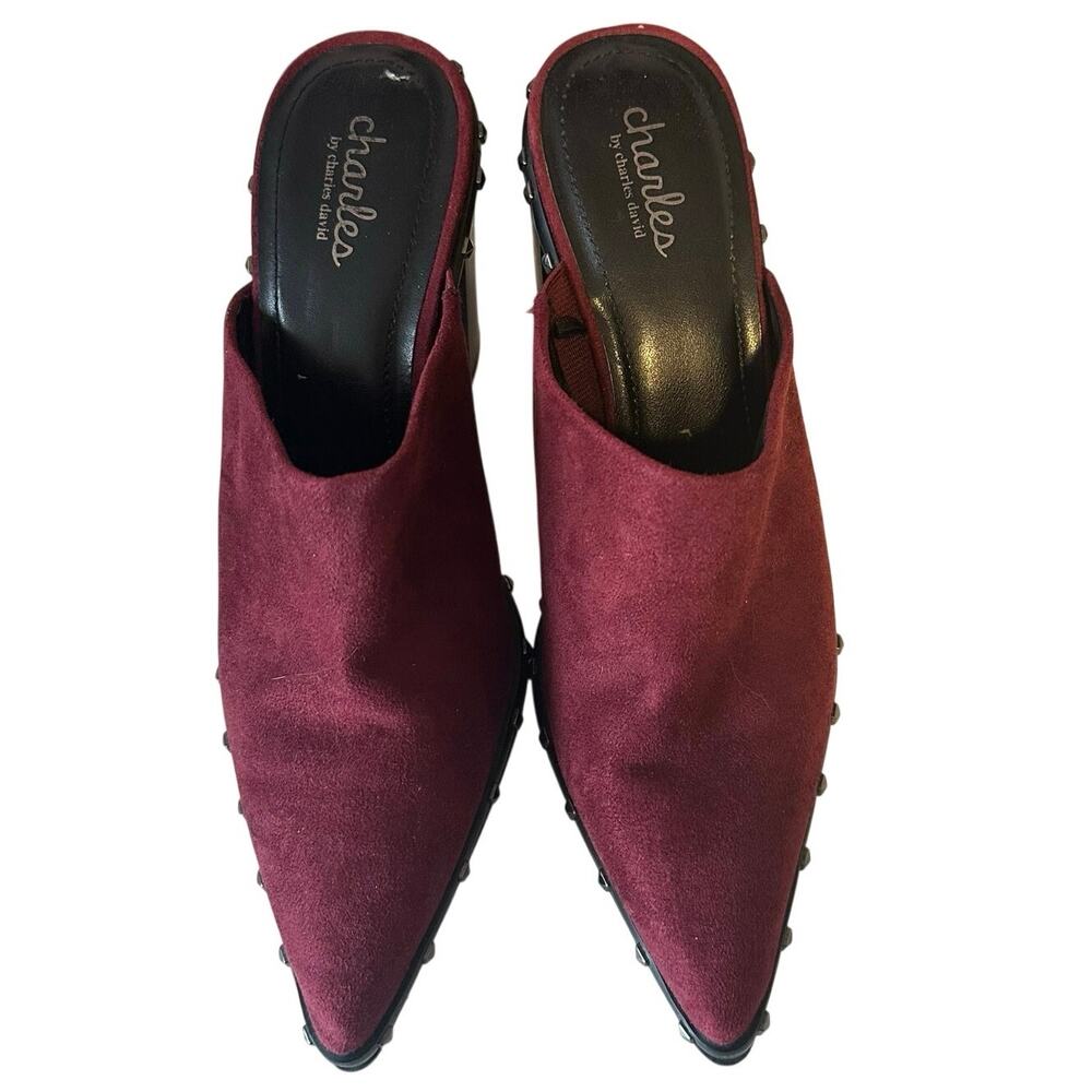 Charles David Studded Mule Heeled Booties Burgundy‎ Pointed Toe 7.5 Rocker Edgy